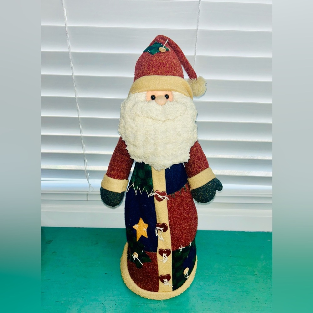 VTG Posable Plush Santa w/ Wood Base Standing Christmas Figure 18”